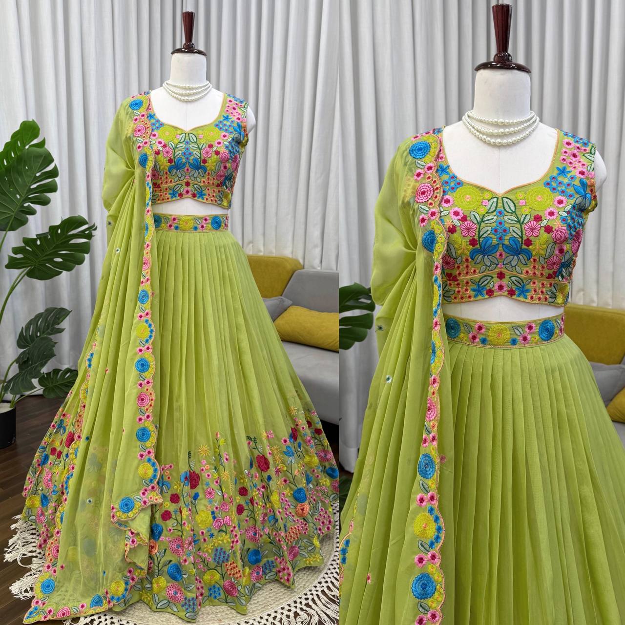 Vibrant Lime Green Pleated Lehenga with Multi-Color Floral Embroidery