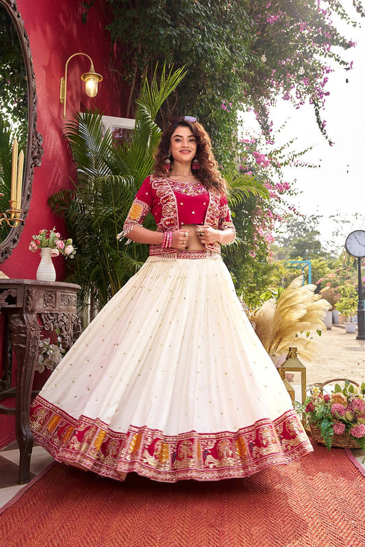 Cream and Rani Pink Embroidered Lehenga Choli with Matching Jacket