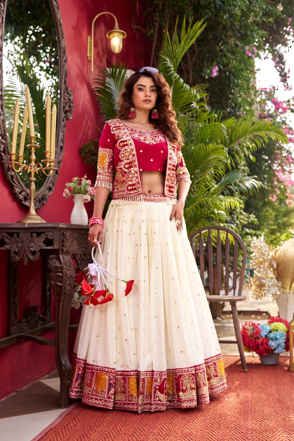Cream and Rani Pink Embroidered Lehenga Choli with Matching Jacket