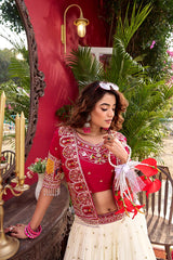 Cream and Rani Pink Embroidered Lehenga Choli with Matching Jacket