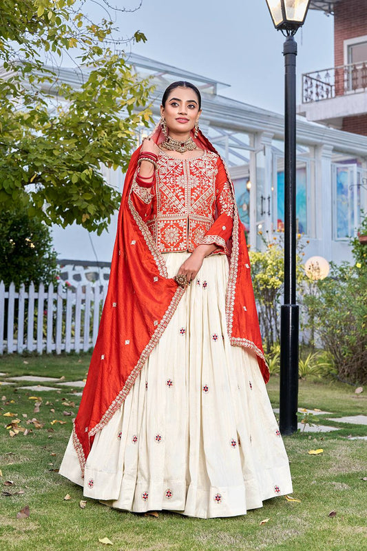 Off-White & Orange Silk Koti Style Embroidered Lehenga Choli