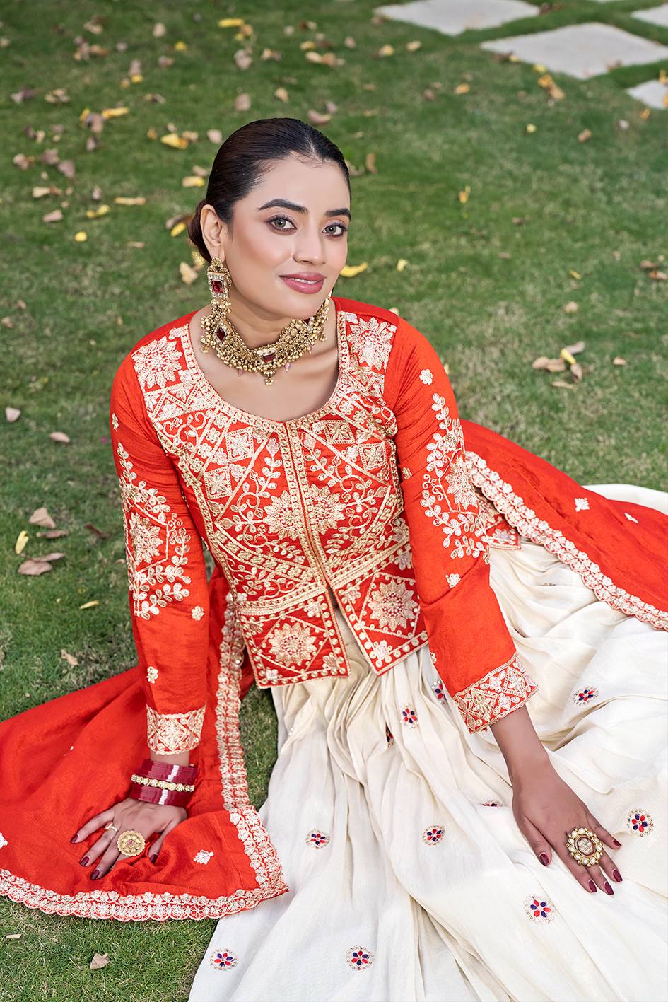 Off-White & Orange Silk Koti Style Embroidered Lehenga Choli