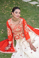 Off-White & Orange Silk Koti Style Embroidered Lehenga Choli