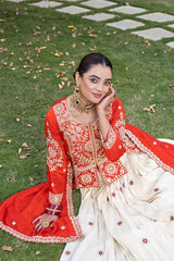 Off-White & Orange Silk Koti Style Embroidered Lehenga Choli