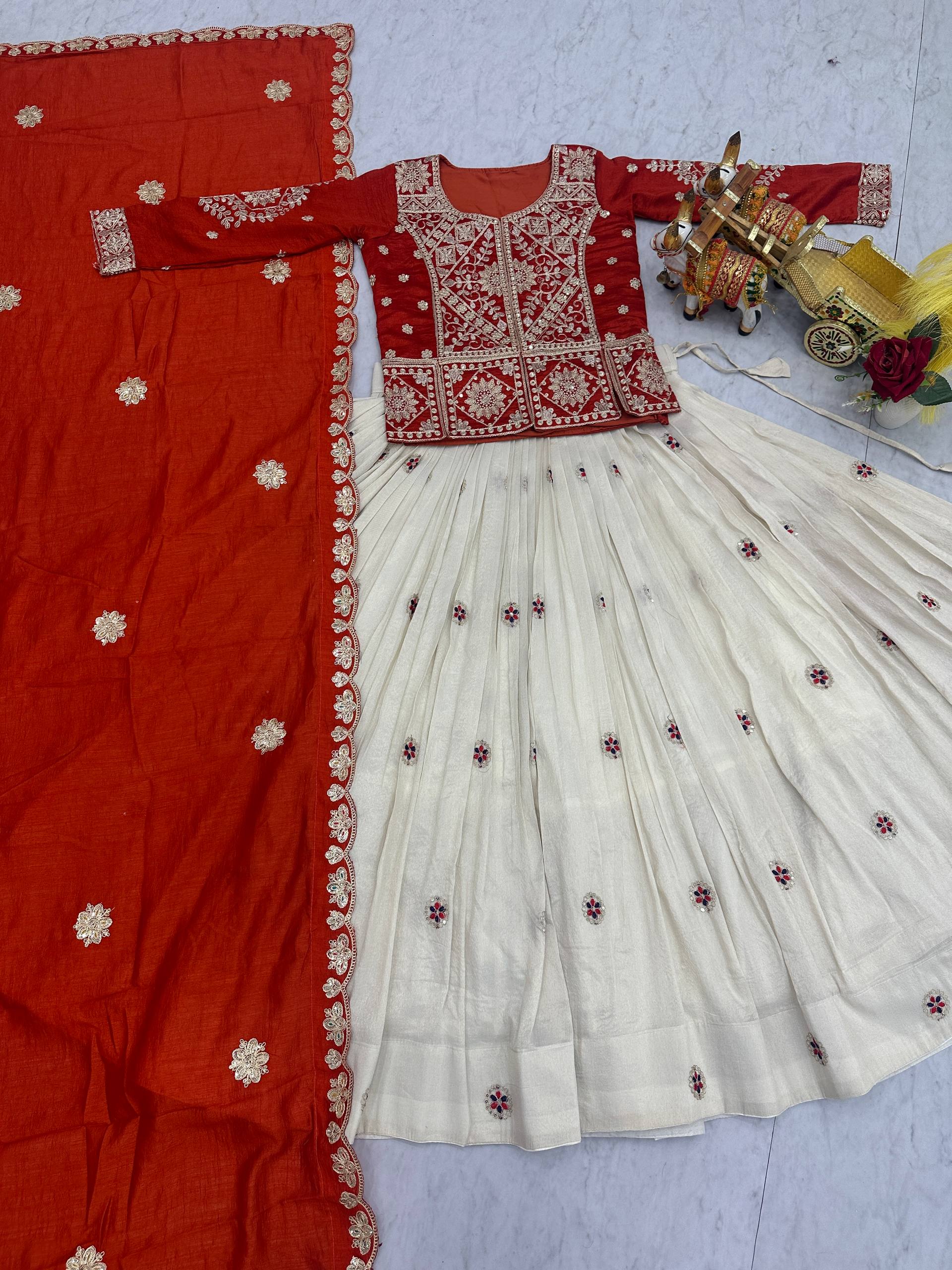 Off-White & Orange Silk Koti Style Embroidered Lehenga Choli