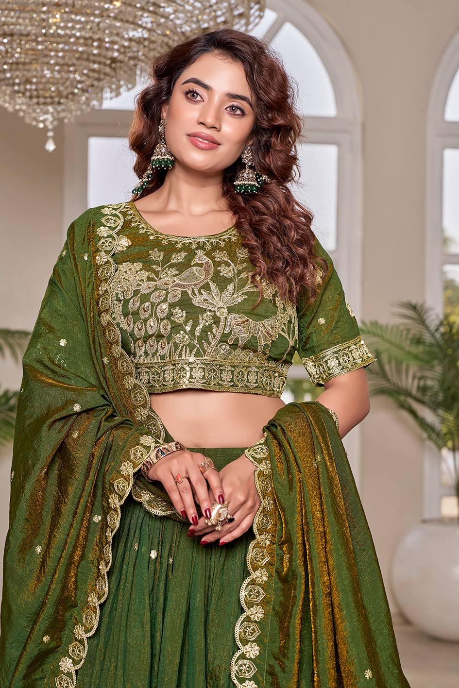 Olive Green Art Silk Embroidered Wedding Lehenga Choli