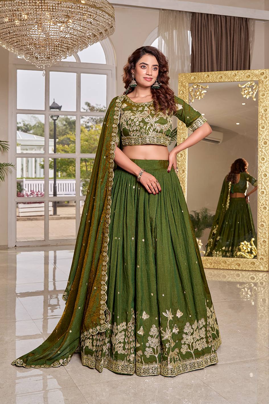 Olive Green Art Silk Embroidered Wedding Lehenga Choli