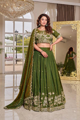 Olive Green Art Silk Embroidered Wedding Lehenga Choli