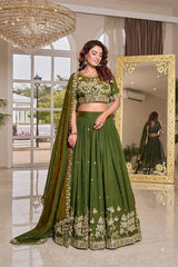 Olive Green Art Silk Embroidered Wedding Lehenga Choli