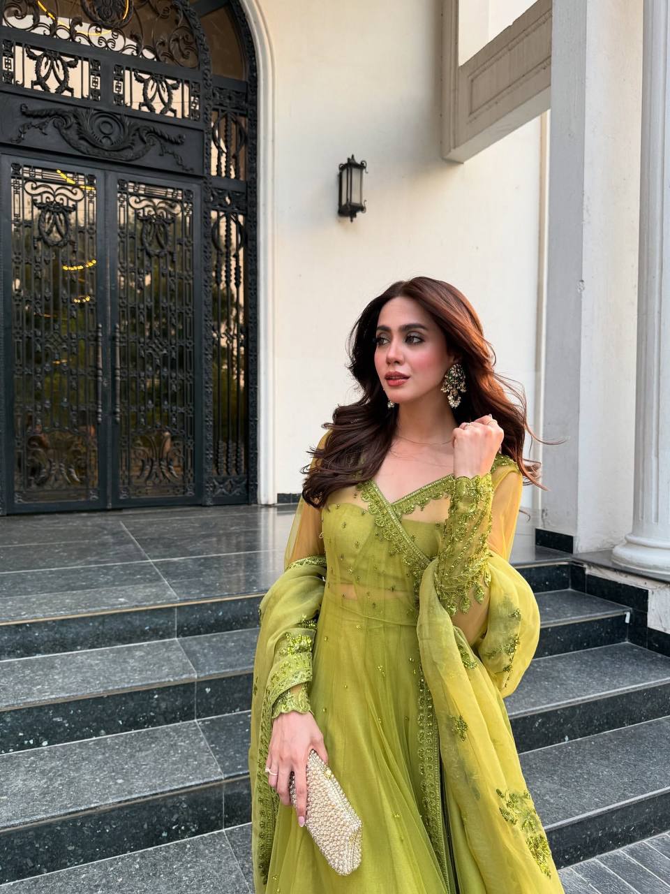 Lime Green Embroidered Net Anarkali with Sheer Overlay Jacket Set