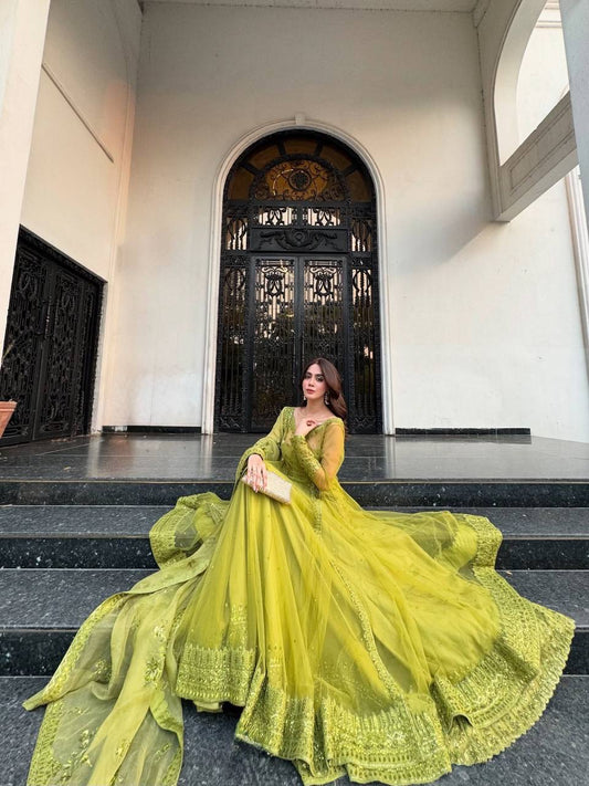 Lime Green Embroidered Net Anarkali with Sheer Overlay Jacket Set