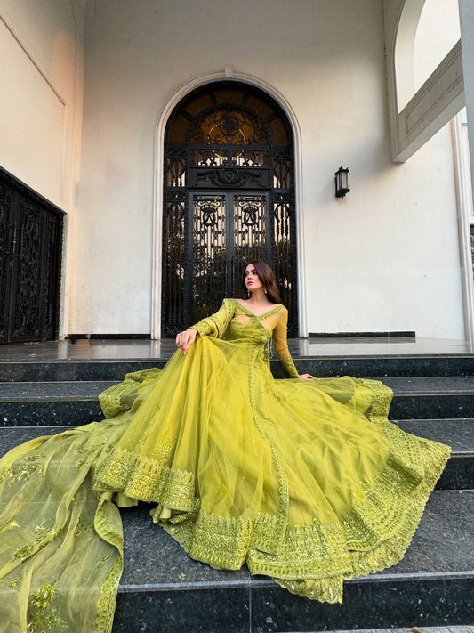Lime Green Embroidered Net Anarkali with Sheer Overlay Jacket Set