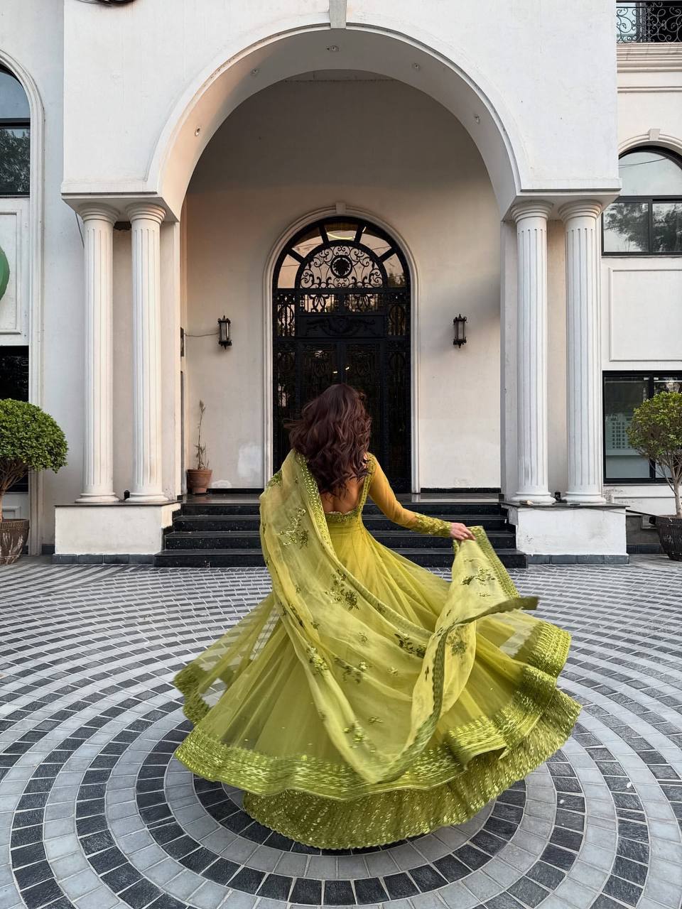 Lime Green Embroidered Net Anarkali with Sheer Overlay Jacket Set