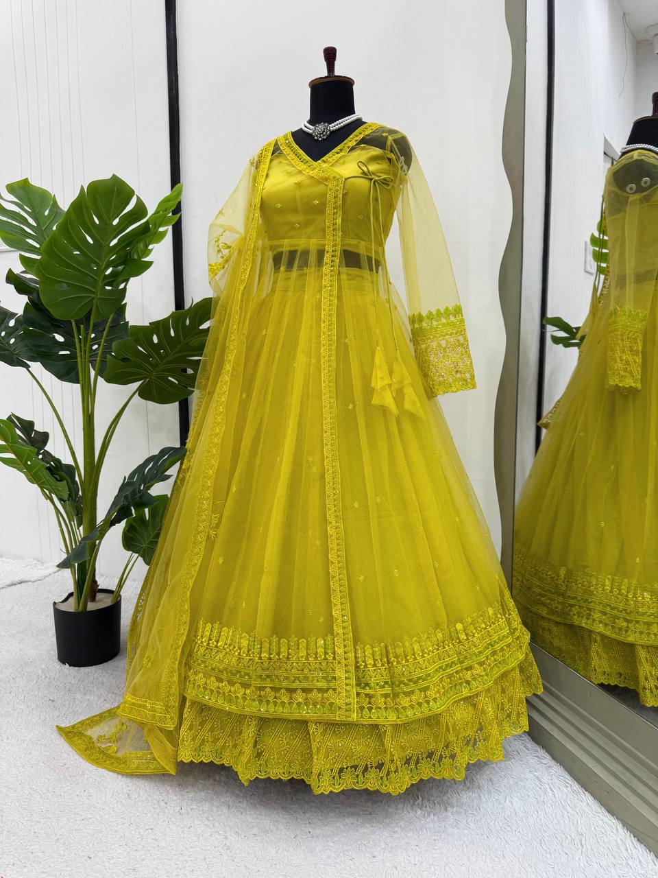 Lime Green Embroidered Net Anarkali with Sheer Overlay Jacket Set
