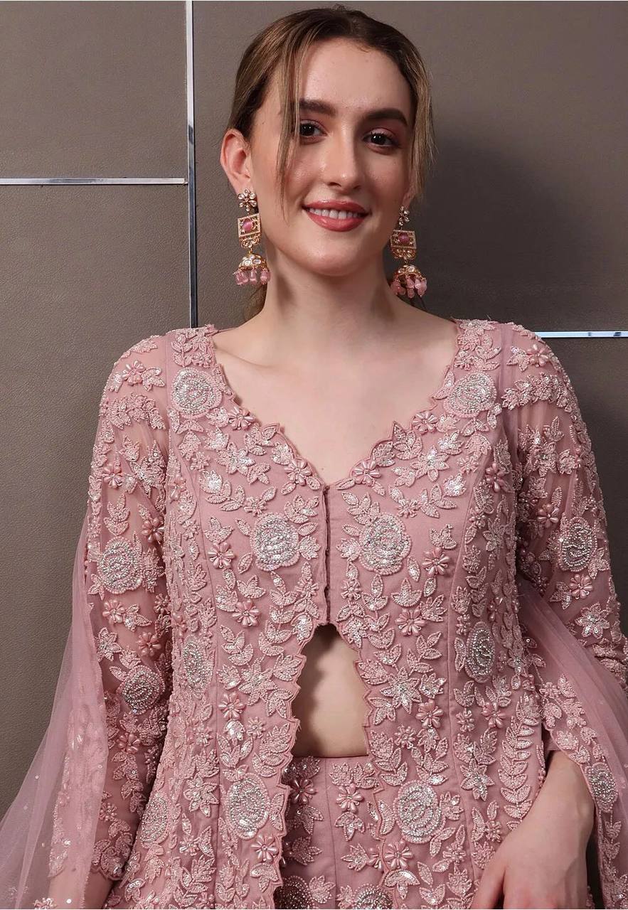 Mauve Rose Floral Embellished Jacket Sharara with Front Slit