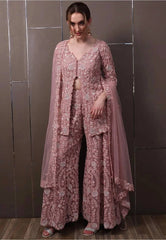 Mauve Rose Floral Embellished Jacket Sharara with Front Slit