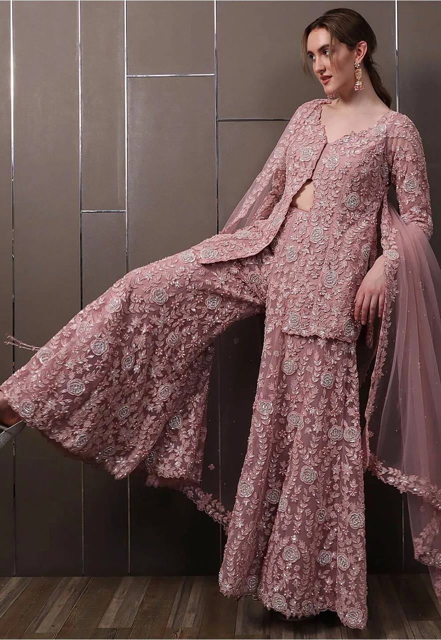 Mauve Rose Floral Embellished Jacket Sharara with Front Slit