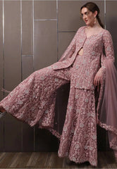 Mauve Rose Floral Embellished Jacket Sharara with Front Slit