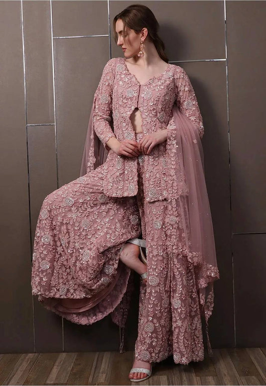 Mauve Rose Floral Embellished Jacket Sharara with Front Slit