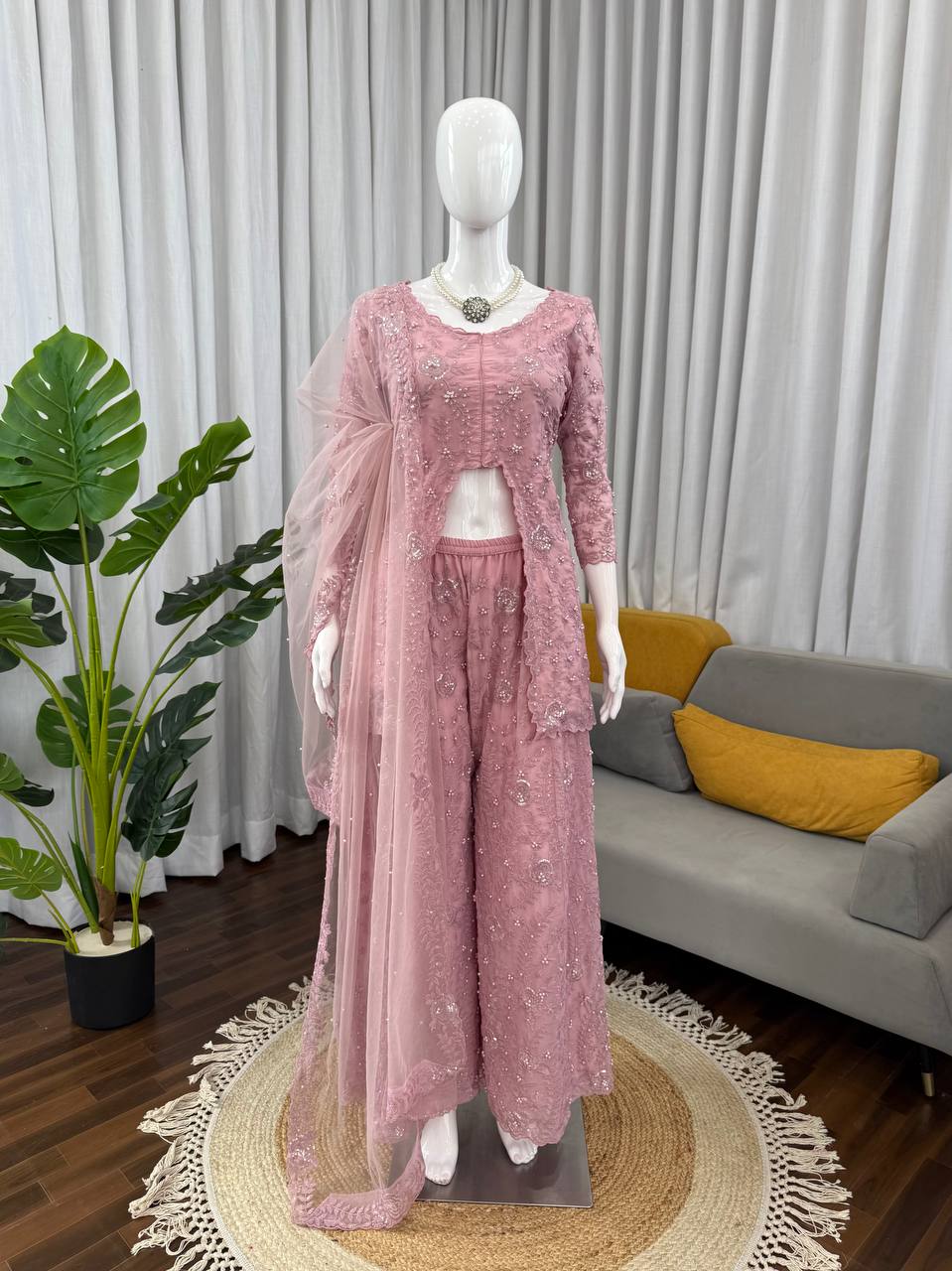 Mauve Rose Floral Embellished Jacket Sharara with Front Slit