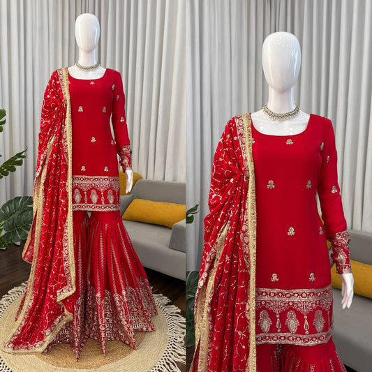 Ruby Red Georgette Sharara Suit with Heavy Silver Zari Embroidery & Jaal Work Dupatta