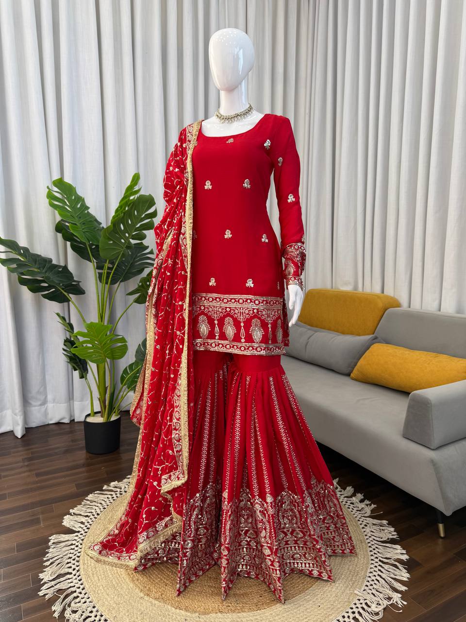 Ruby Red Georgette Sharara Suit with Heavy Silver Zari Embroidery & Jaal Work Dupatta