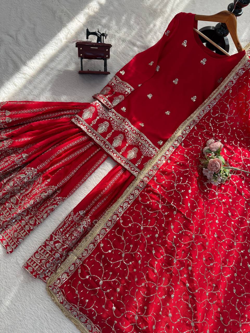 Ruby Red Georgette Sharara Suit with Heavy Silver Zari Embroidery & Jaal Work Dupatta