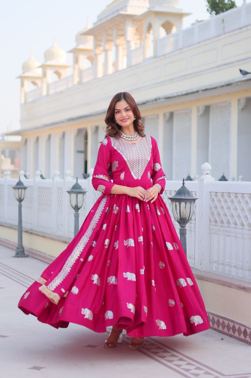 Rani Pink Elephant Print Anarkali Gown with Foil Work & Embroidered Dupatta