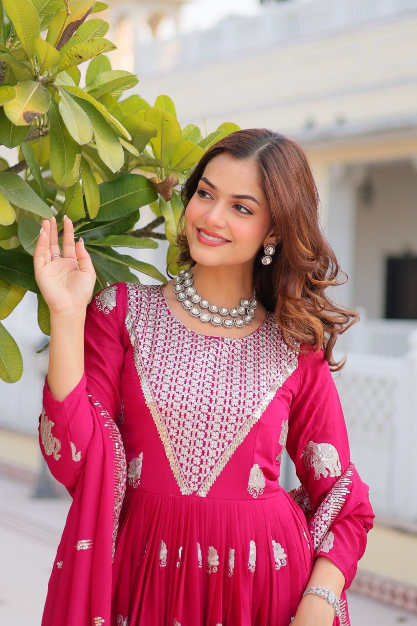 Rani Pink Elephant Print Anarkali Gown with Foil Work & Embroidered Dupatta