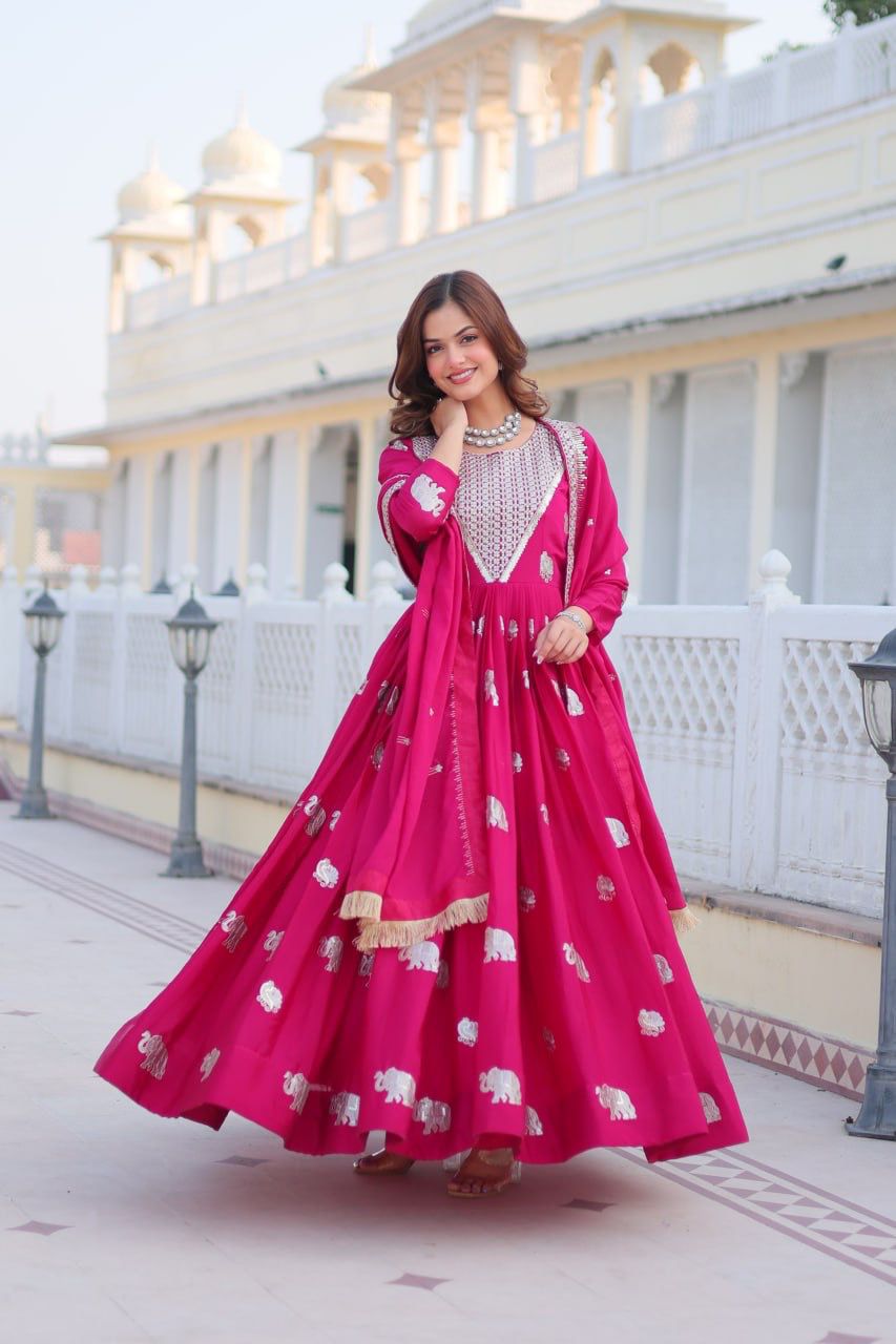 Rani Pink Elephant Print Anarkali Gown with Foil Work & Embroidered Dupatta