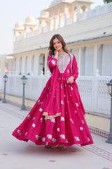 Rani Pink Elephant Print Anarkali Gown with Foil Work & Embroidered Dupatta