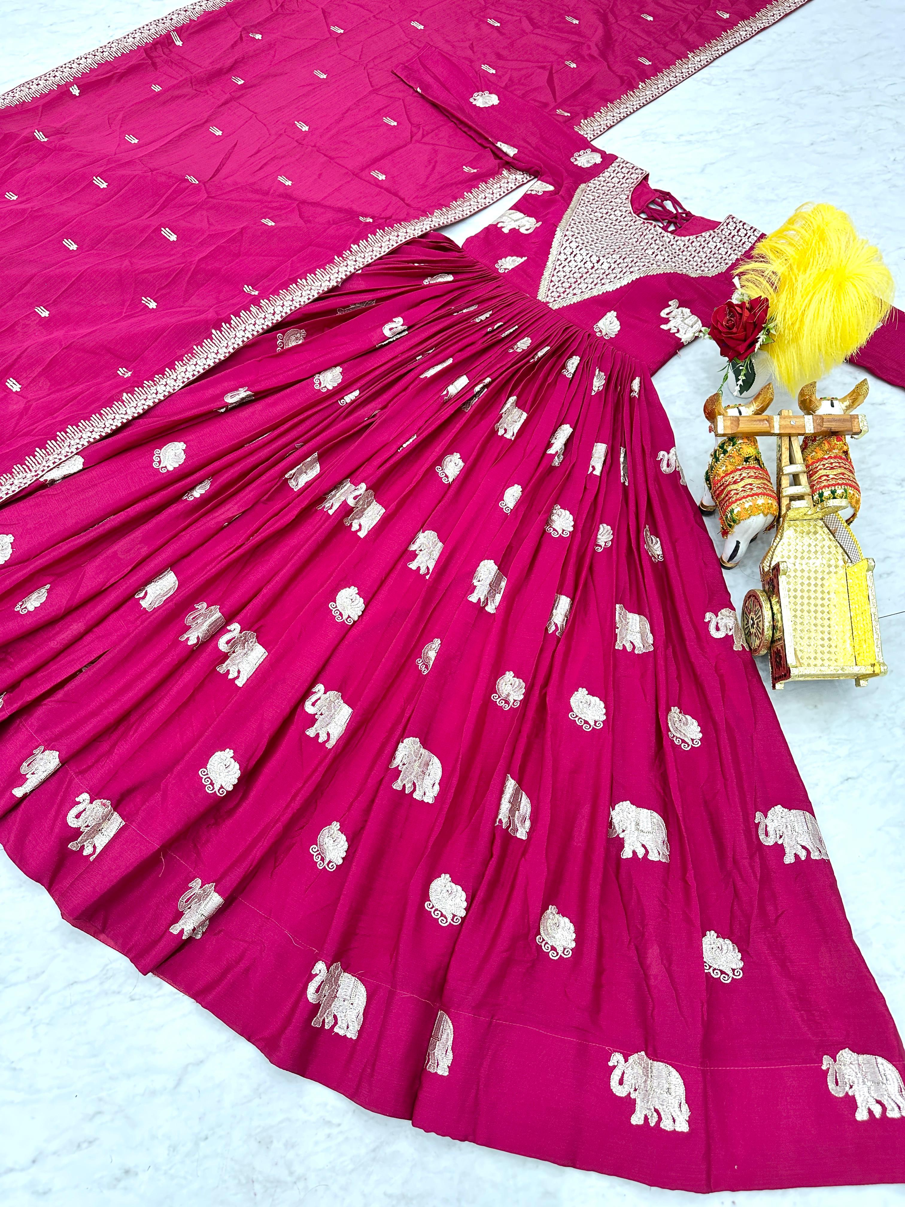 Rani Pink Elephant Print Anarkali Gown with Foil Work & Embroidered Dupatta