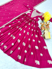 Rani Pink Elephant Print Anarkali Gown with Foil Work & Embroidered Dupatta