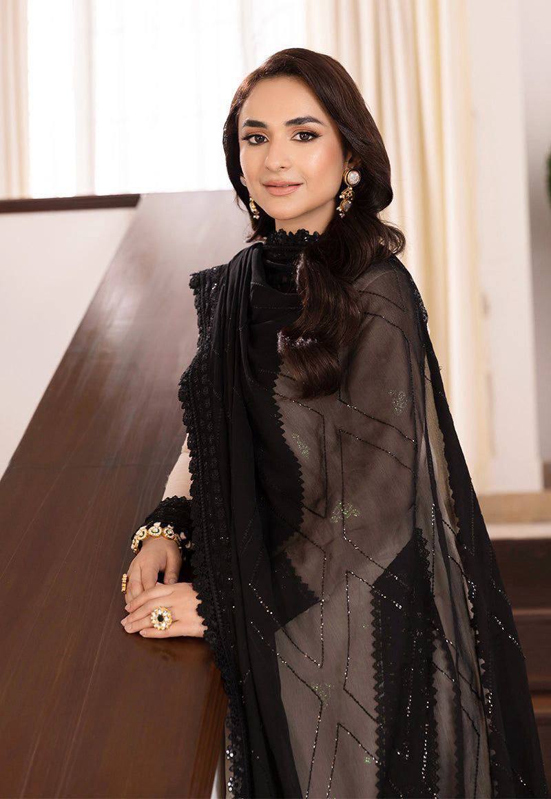 Ivory and Black Embroidered Salwar Kameez Set with Lace Detailing