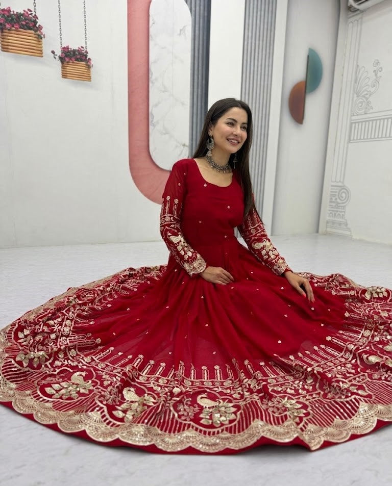 Hania Aamir Inspired Red Georgette Embroidered Anarkali Suite