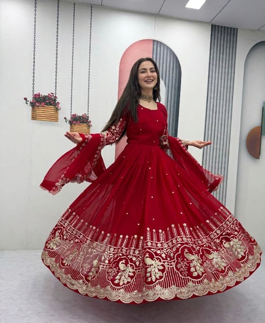 Hania Aamir Inspired Red Georgette Embroidered Anarkali Suite