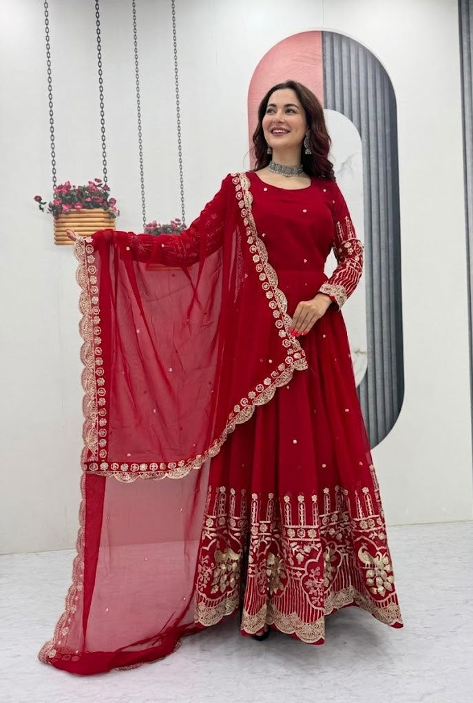 Hania Aamir Inspired Red Georgette Embroidered Anarkali Suite