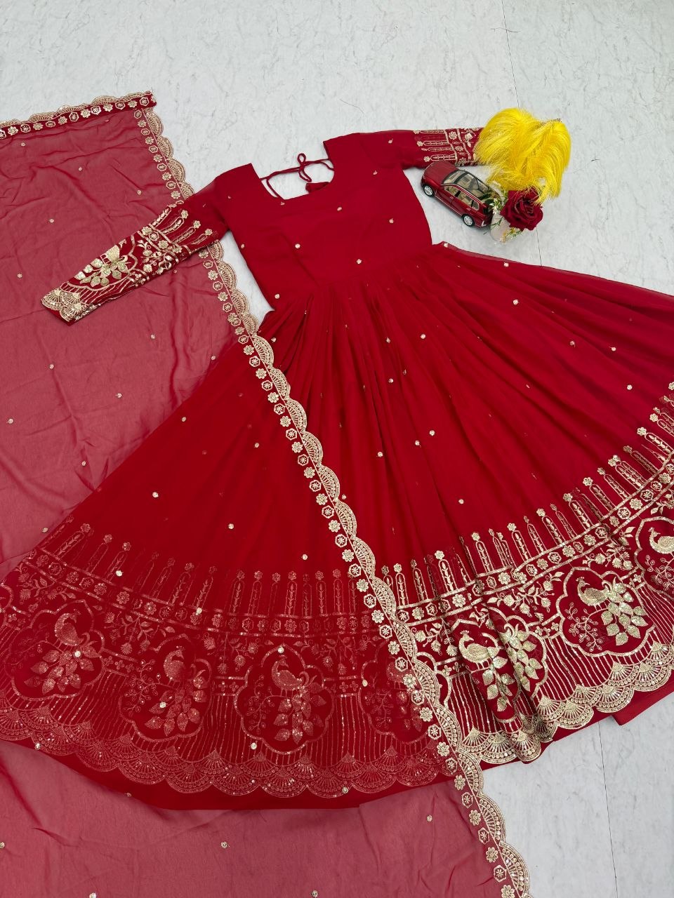 Hania Aamir Inspired Red Georgette Embroidered Anarkali Suite