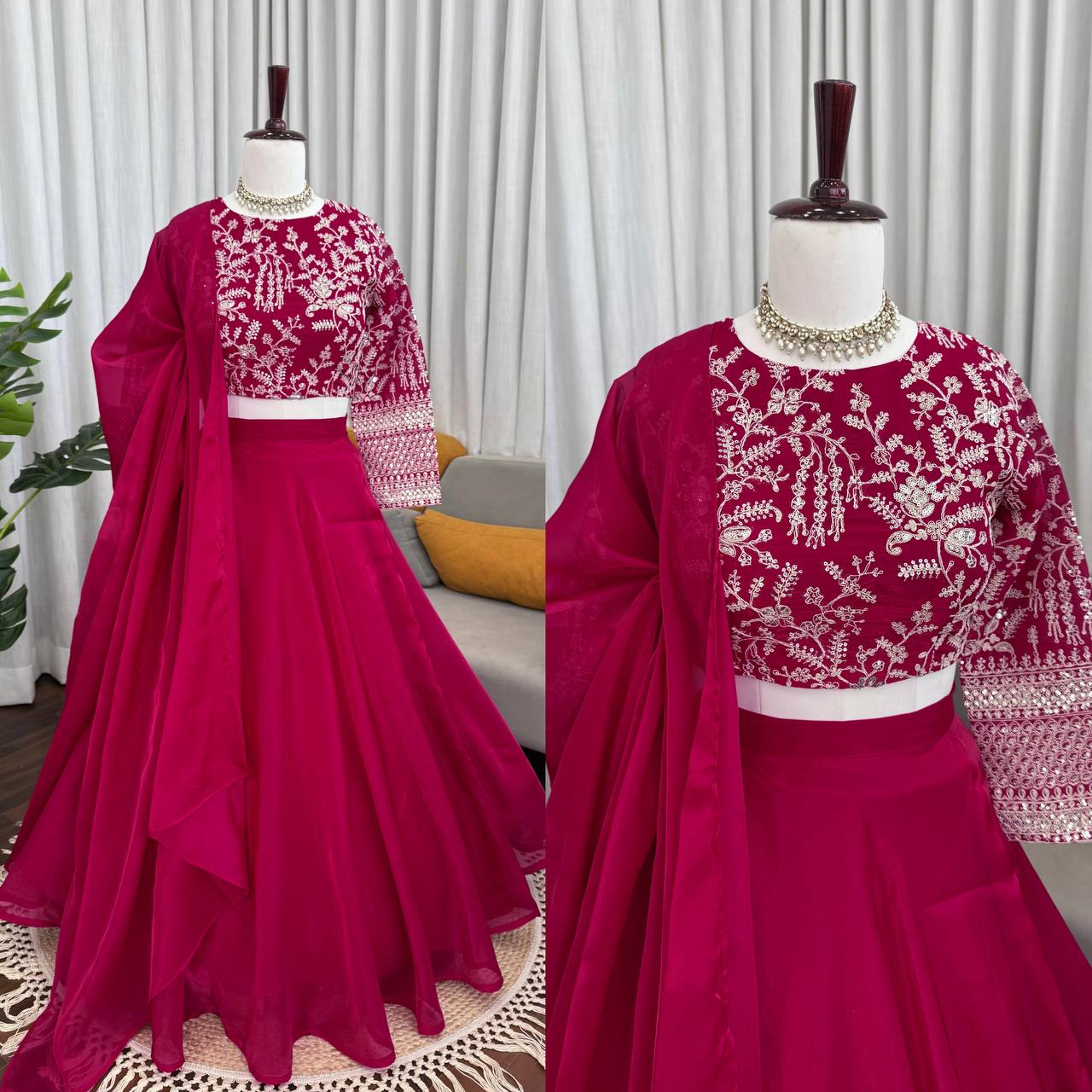 Vibrant Magenta Georgette Embroidered Lehenga Choli Set