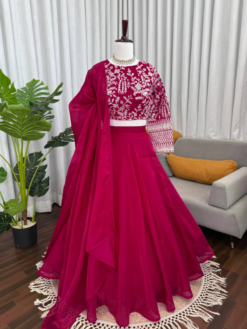 Vibrant Magenta Georgette Embroidered Lehenga Choli Set