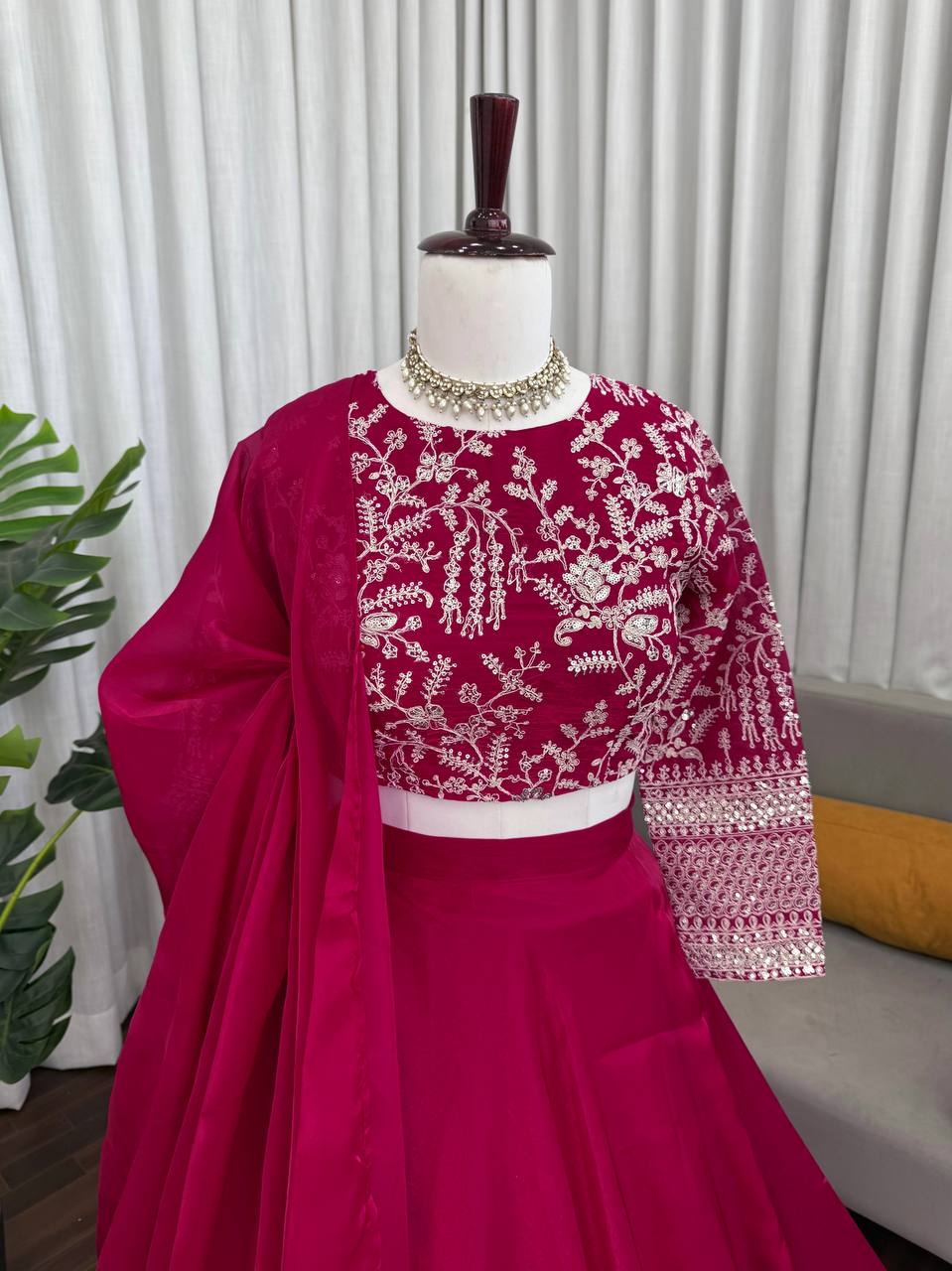 Vibrant Magenta Georgette Embroidered Lehenga Choli Set