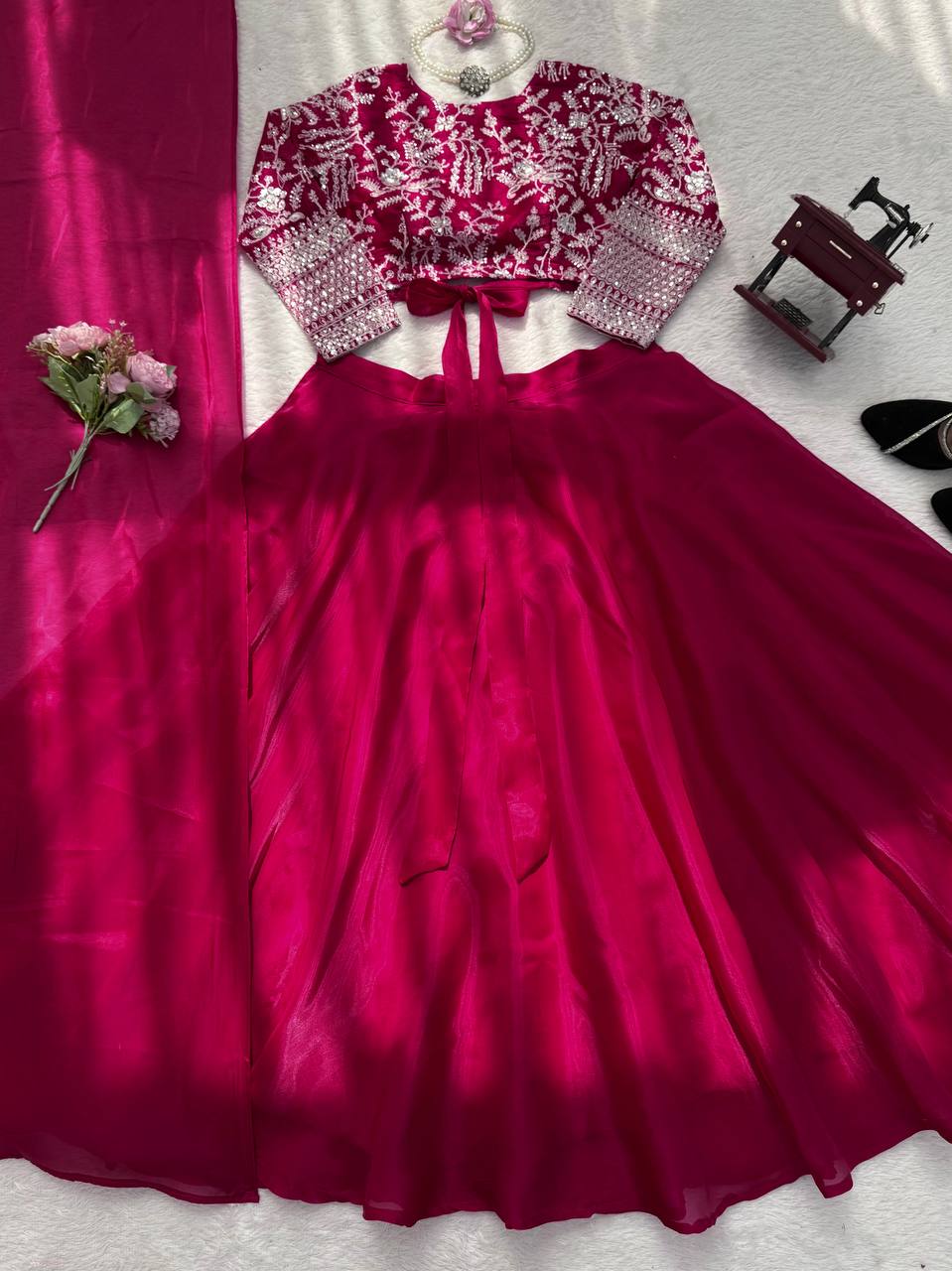 Vibrant Magenta Georgette Embroidered Lehenga Choli Set