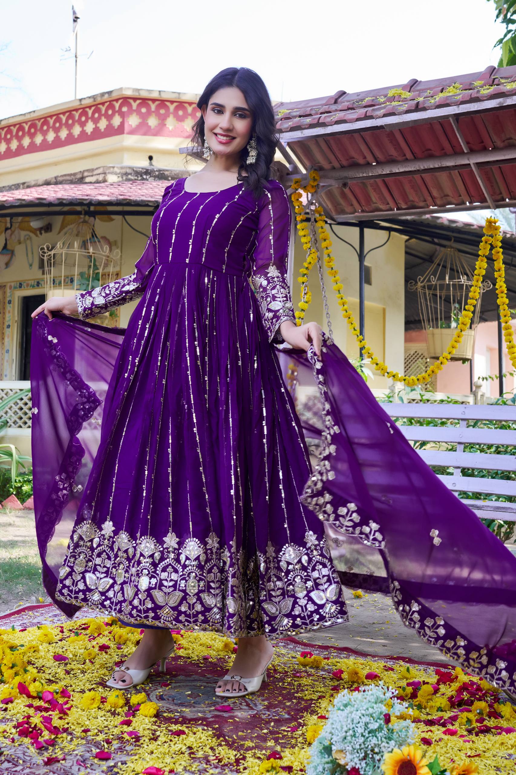Royal Purple Sequin & Gota Patti Anarkali Suit with Sheer Dupatta
