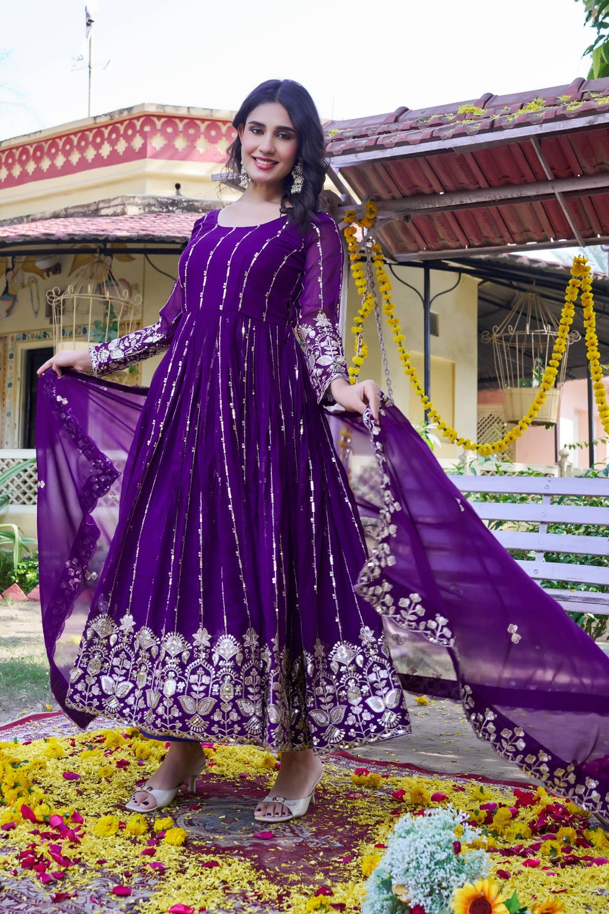 Royal Purple Sequin & Gota Patti Anarkali Suit with Sheer Dupatta