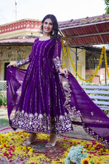 Royal Purple Sequin & Gota Patti Anarkali Suit with Sheer Dupatta