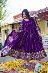 Royal Purple Sequin & Gota Patti Anarkali Suit with Sheer Dupatta