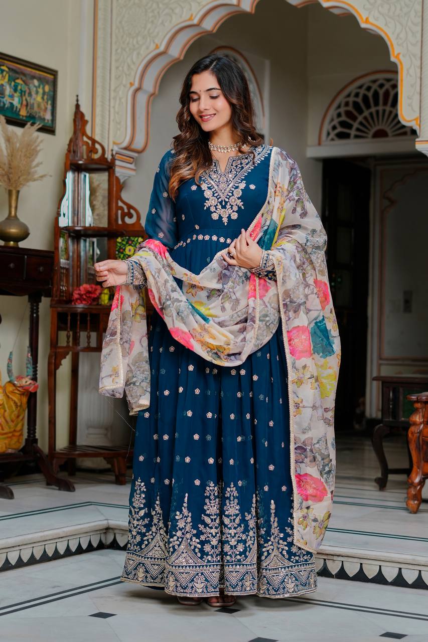 Teal Blue Faux Georgette Embroidered Anarkali Set