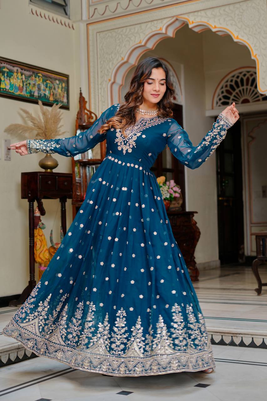 Teal Blue Faux Georgette Embroidered Anarkali Set