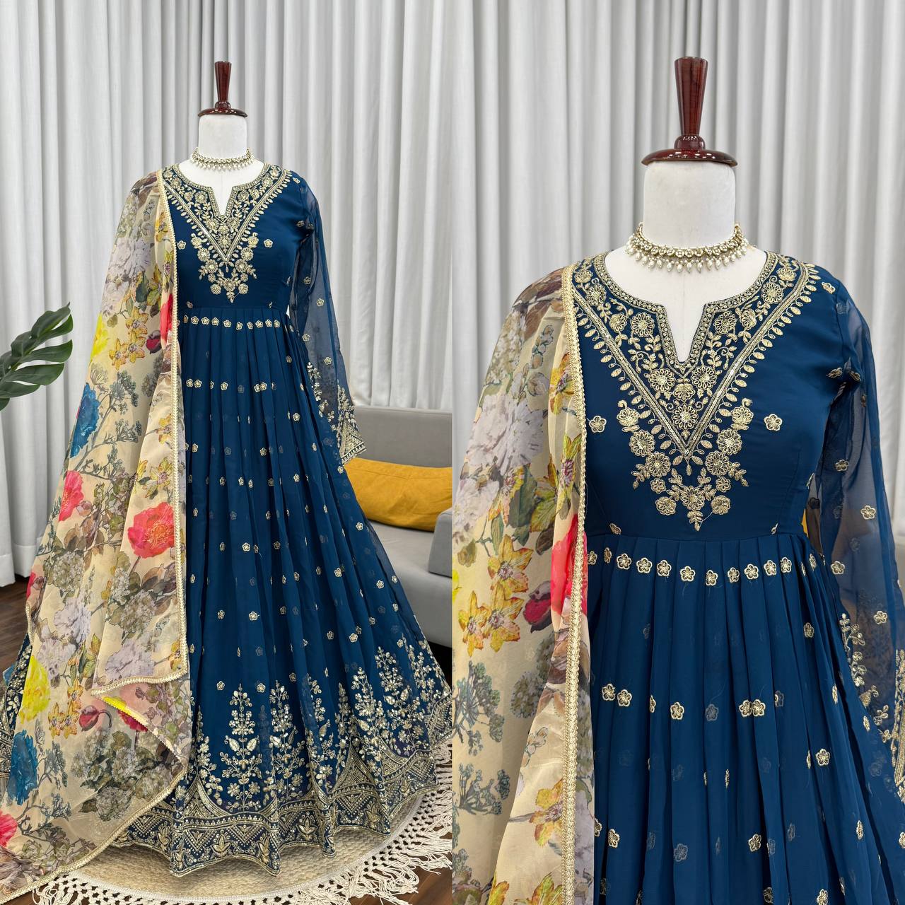 Teal Blue Faux Georgette Embroidered Anarkali Set