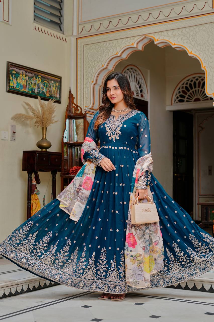 Teal Blue Faux Georgette Embroidered Anarkali Set
